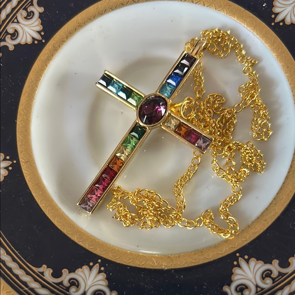 Vintage Multicolor Gemstone Cross Pendant Necklace